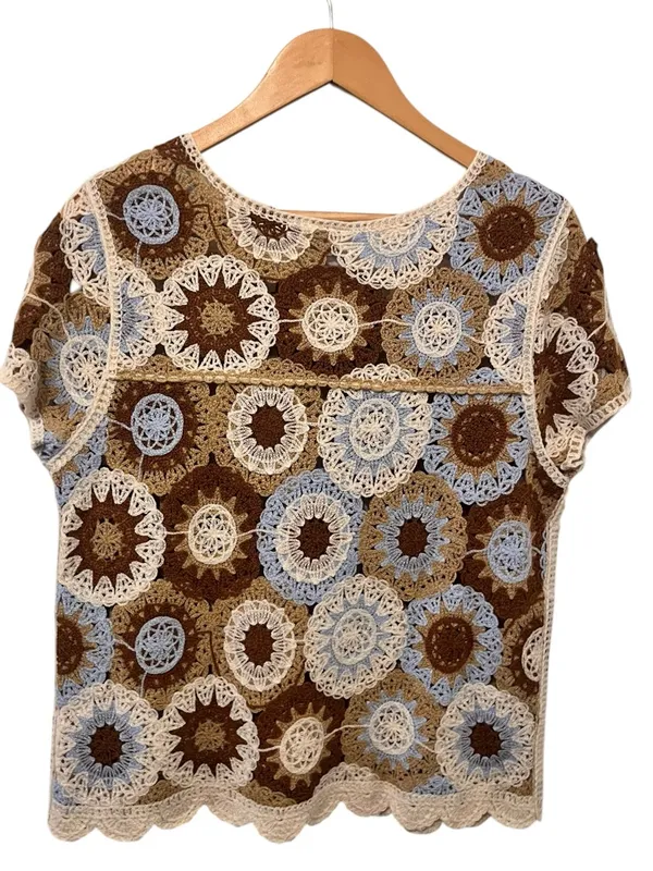 37 Orchard Crochet Brown Blue Cream‎ Knit Boho Short Sleeve Shirt Size Medium - Image 2