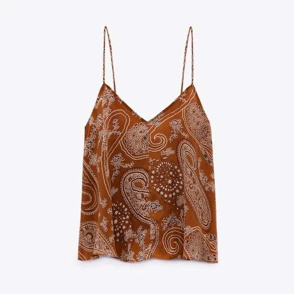 Zara Brown V Neck Boho Sleeveless Floral Paisley Camisole Cami Tank Top Sz XS - Image 9