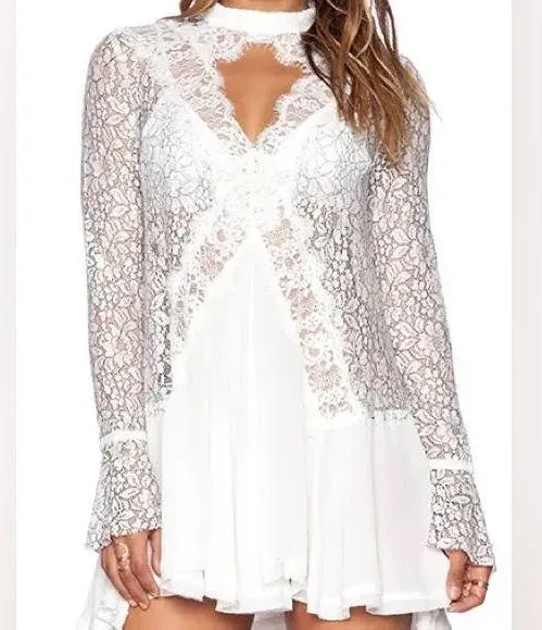 Free people White lace long sleeve dress / tunic with high neck small - Image 4