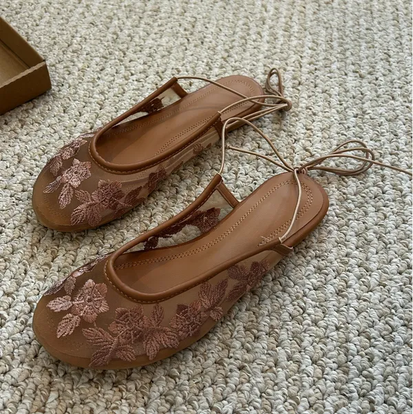 Amazon Lace-Up Mesh Ballet Flats, Floral Embroidered Round Toe Mary Jane Summer Dancer Shoes - Image 4