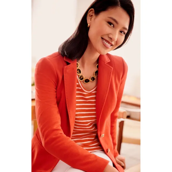 Talbots Red Orange Textured knit Blazer Gold Black Crest Buttons Size 14 Preppy - Image 3