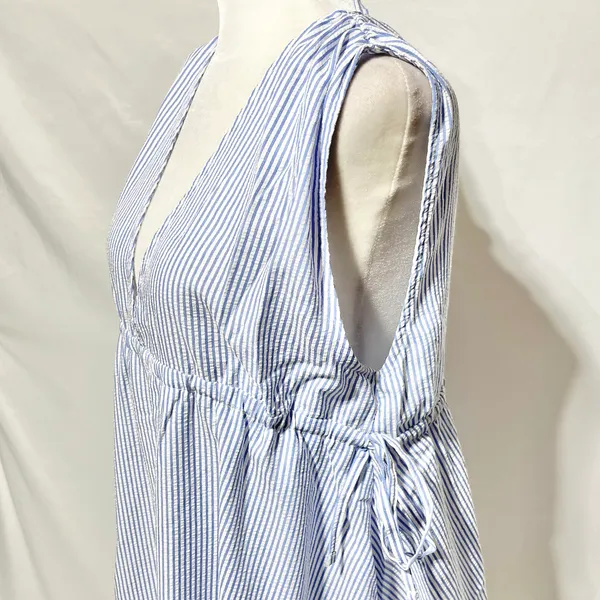 New ASOS Seersucker Plunge V-Neck Tie Waist Mini Sundress Blue White Size 4 - Image 12