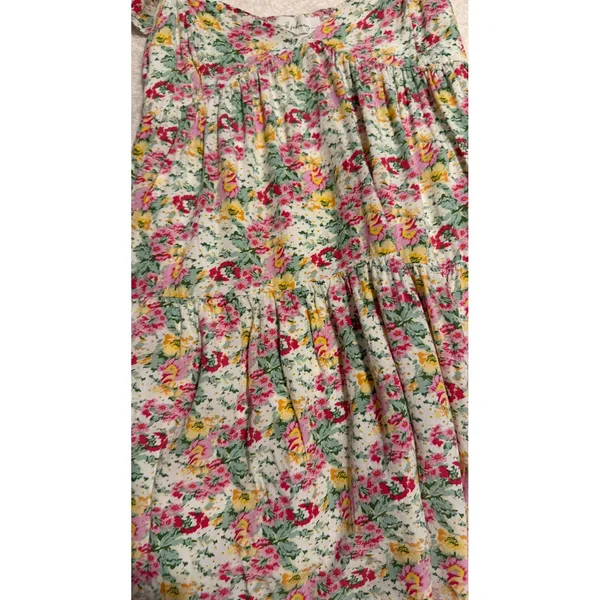 In February Floral Smocked Mini‎ Dress Small Ruffle Sleeve Tiered Rayon 1088D - Image 4
