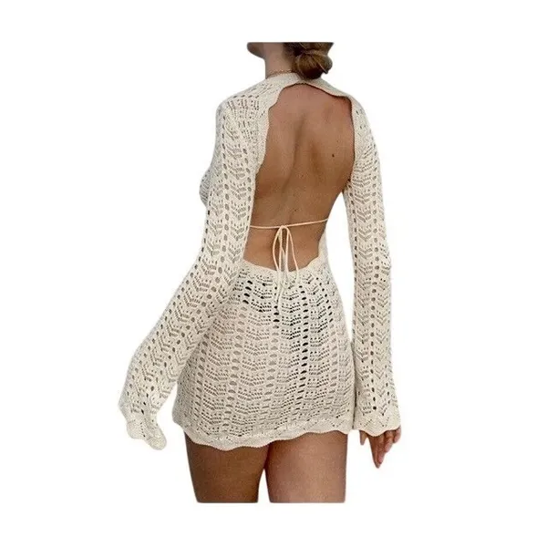 Nasty Gal Ecru Crochet Knitted Open Back Mini Dress Long‎ Sleeve Boho Size 4 NEW - Image 2