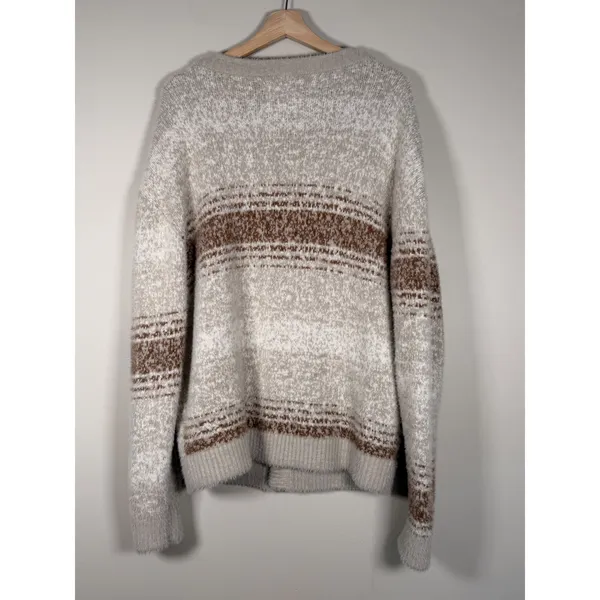 Hollister Womens Fuzzy Knit Cardigan Beige Brown Striped V-Neck‎ Sweater Medium - Image 2