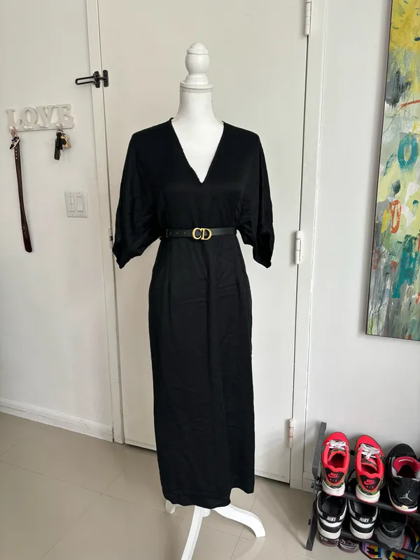 Massimo Dutti Black Midi Dress with Gold Neck Detail Size M - Image 7