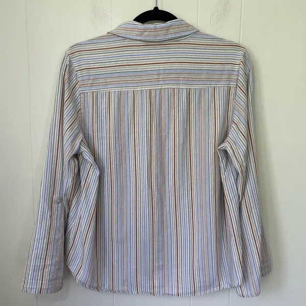Selene Sport Vintage Linen Rayon Striped Roll Tab Sleeve Button Up Shirt ~ Sz L - Image 3