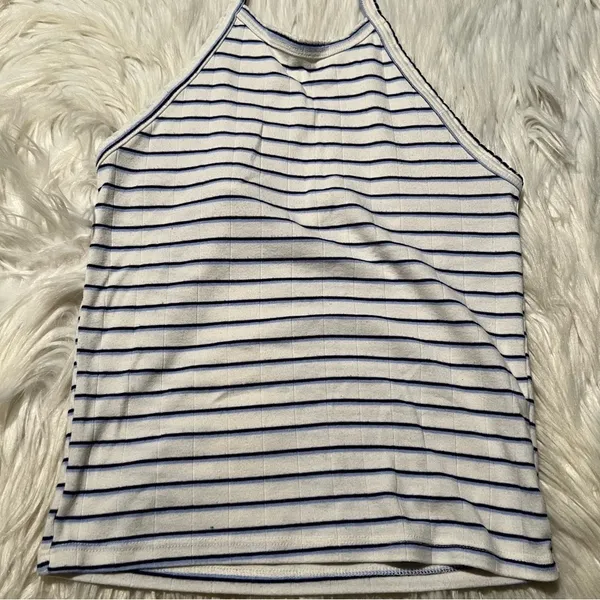 American Eagle Womens Size XS Halter Top White Navy Blue Stripes Textured Cotton - Image 3