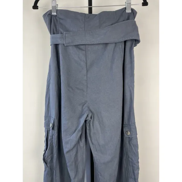 Zara Womans Tapered Cargo Pants High Rise Paperbag Sz S Blue Gray Linen‎ Blend - Image 8