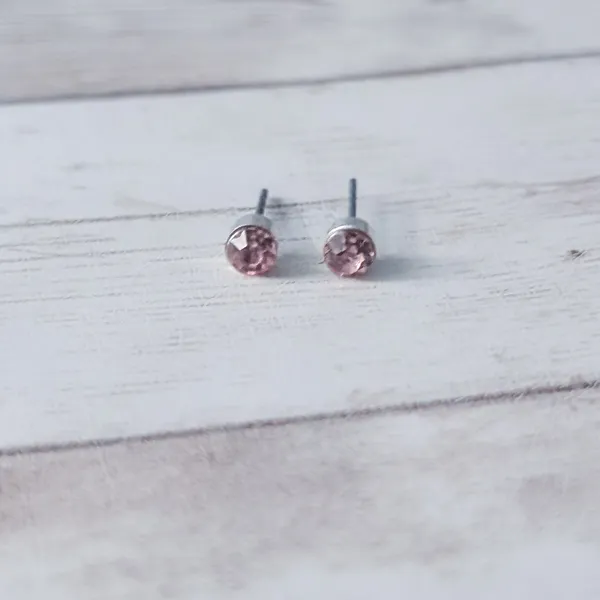 Round Pink Gem & Silver Tone Stud Earrings 1/8" Small - Fair Condition - Image 6