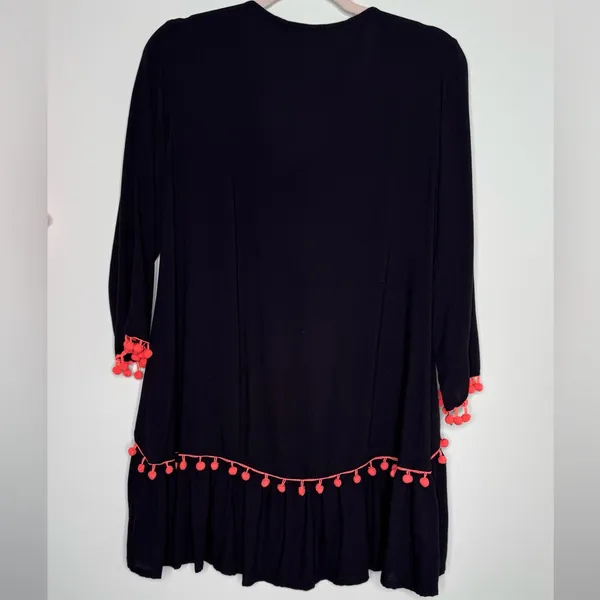 Embroidered Black Tassel Boho Pompoms Detail Mini Dress Womens Hippie Size M - Image 5