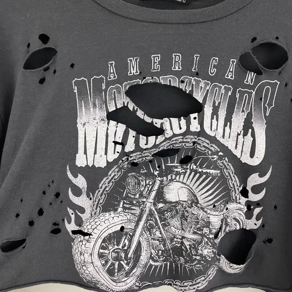 Rock Rose Couture Dark Grey American Motorcycles Distressed Cropped Graphic Tee - Image 5