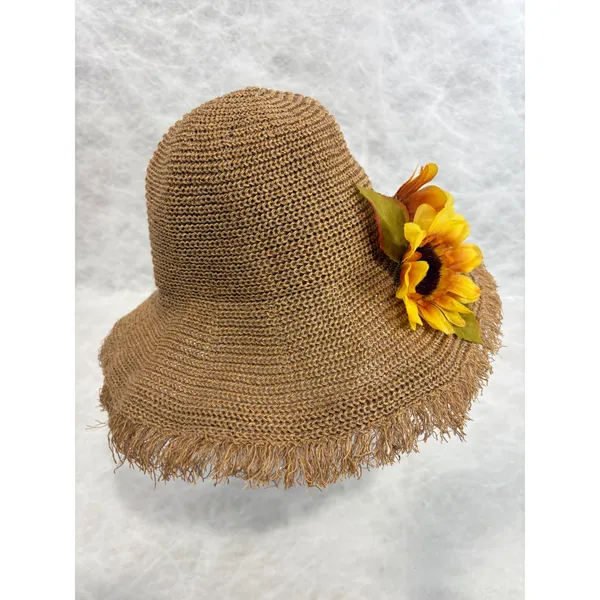 Womens‎ Brown Woven Paper Straw Sun Hat with Frayed Edge and Sunflowers - Image 2