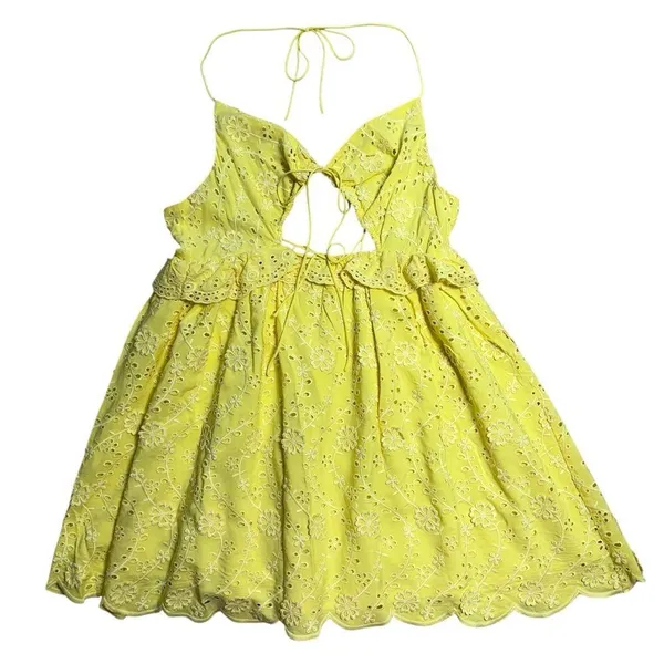 For Love & Lemons Yellow Eyelet Natalia Mini Dress Womens XL - Image 2