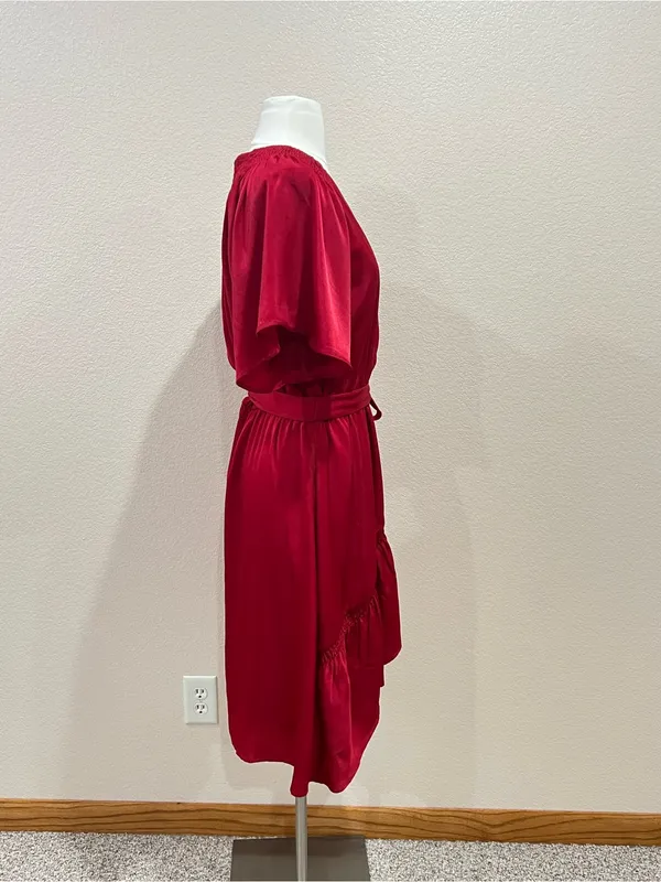 Maurices Deep Red Semi Satin Faux Wrap Ruffle Midi Dress Size Medium - Image 9