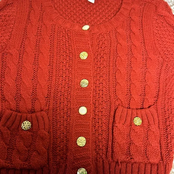 Forever 21 I LOVE H81 Cardigan Womens large Red Cropped Cable Knit 3/4 Sleeves - Image 7