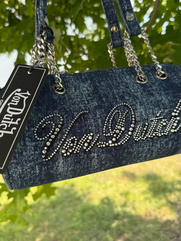 Von Dutch Dark Denim Crystal Logo Barrel Bag with Chain Straps - Image 3