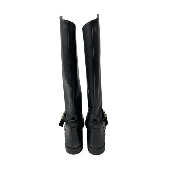 H&M Women's Black Strap Round Toe Low Block Heels Knee High Riding Boots 38 US 7 - Image 3