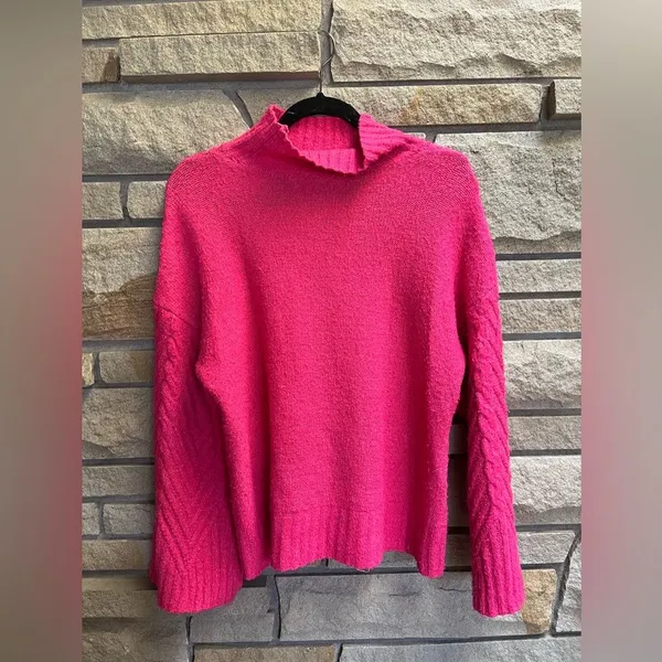 Free People Mock Neck Bell Sleeve Sweater Hot Pink XL - Image 4
