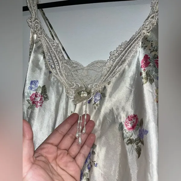 Vintage Floral Satin Slip Nightgown Lingerie Cottagecore pearl dangle midi dress - Image 5