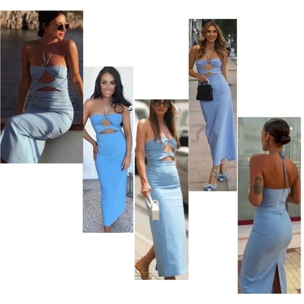 Zara Blogger Favorite Blue Cut-out Halter Top Bodycon Midi Dress Sz L - Image 5
