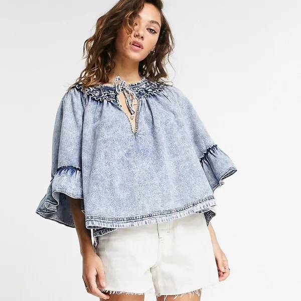 Free People Ainsley Denim Top in Indigo Wash Size Large - Image 10