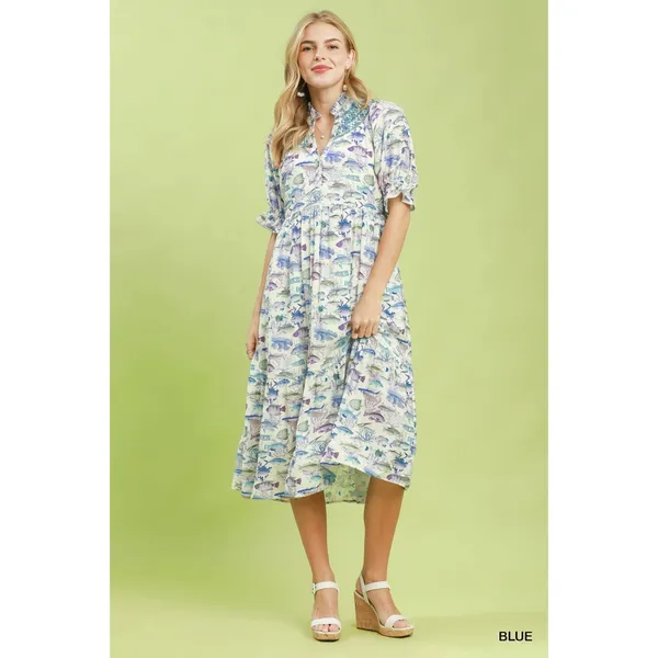 Umgee Print Tiered Midi Dress - Blue - Small - Image 4