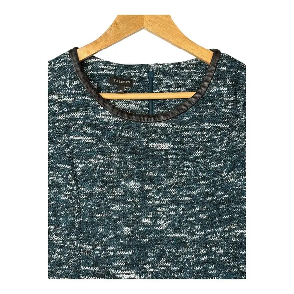 Talbots Tweed Fit & Flare Dress 6 Teal Blue‎ Faux Leather Trim Short Sleeve - Image 4