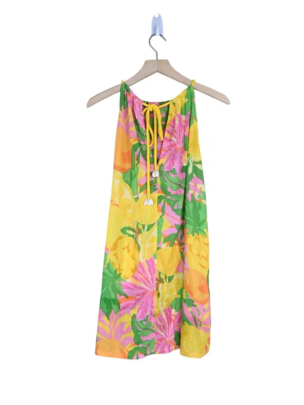 C&C California Women's S Lemon Print Green Pink Linen Blend Mini Beach Sundress - Image 2