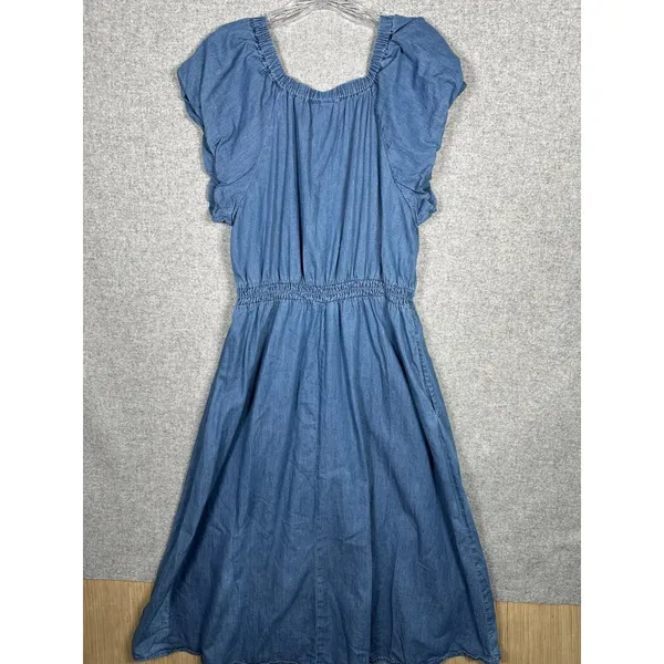 GAP Large Womens Dress Puff Sleeve Denim Midi‎ V-Neck 100% Cotton Medium Wash - Image 5