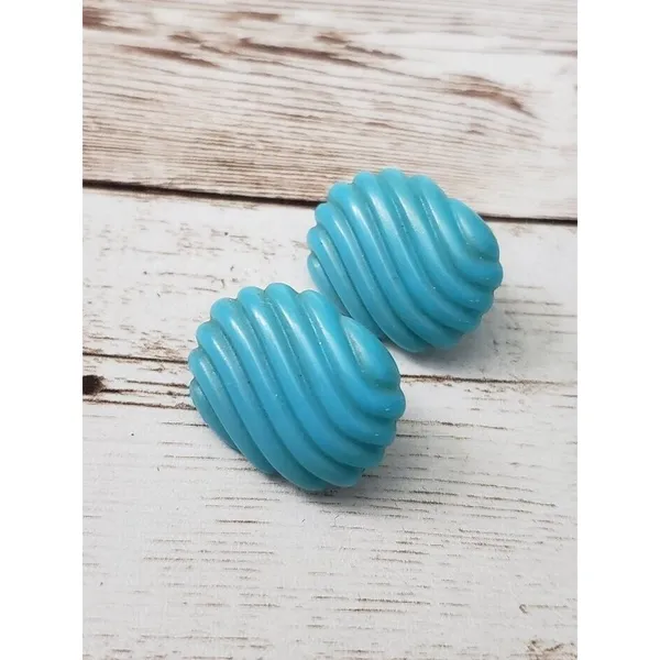 Vintage Clip On Earrings Bright Blue Oval Shape with Wavy Lines - Image 2