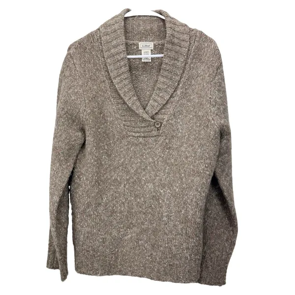 LL Bean Brown Marled Shawl Collar Wool Blend Pullover Sweater MEDIUM - Image 2
