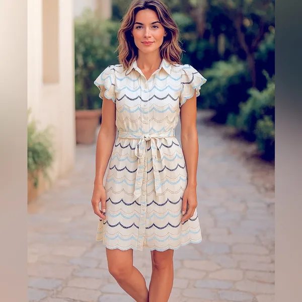 Boutique Blue White Eyelet Cottagecore Midi Dress Tie Waist XL - Image 14