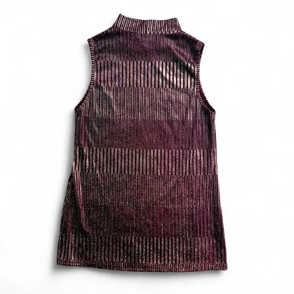 Espresso burgundy - violet mesh sleeveless mock neck top with shimmery gold stripes - Image 2