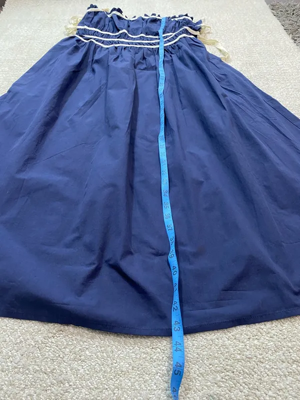 Navy Midi Dress with White Trim and Spaghetti Straps Size L 100% Cotton - Image 15