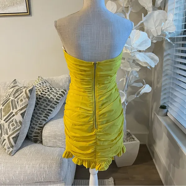 For Love And Lemons Strapless Ruched Yellow Mini Dress - Image 4