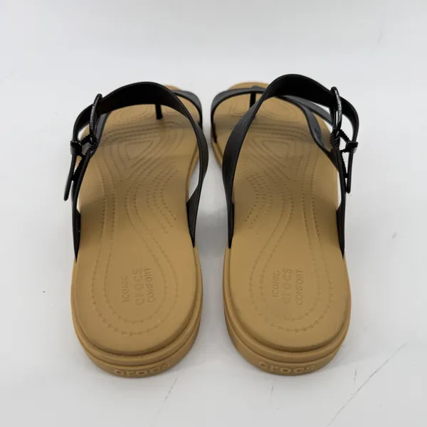 Crocs Tulum Toe Post Sandal Black Tan Women 11 Strappy Buckle Slip On Flip Flop - Image 5