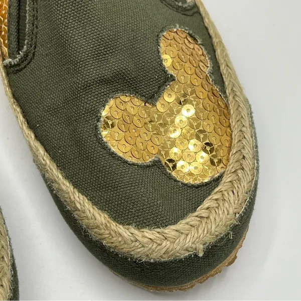 Mickey Mouse Sz 7 Slip On Shoes Green Gold Sequins Espadrille Soles - Image 5