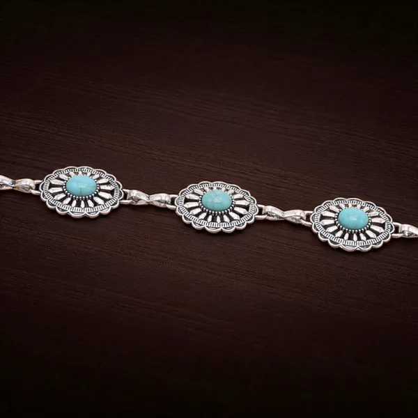 Turquoise Antiqued Style Silver Metal Belt With Carnelian Stone Inlay & Engraved - Image 4