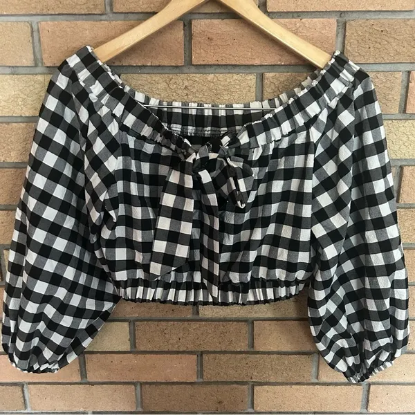 Maeve Anthropologie Black and White Gingham Puff Sleeve Crop Toe Size XS - Image 2