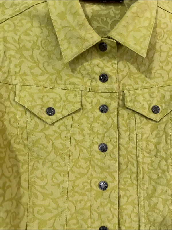 Peck & Peck Chartreuse Green Patterned Trucker Jacket Sz M Stretch Feminine - Image 4