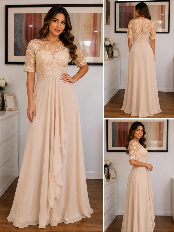 Elegant Lace Bodice Chiffon Evening Dress - Beige - Image 2