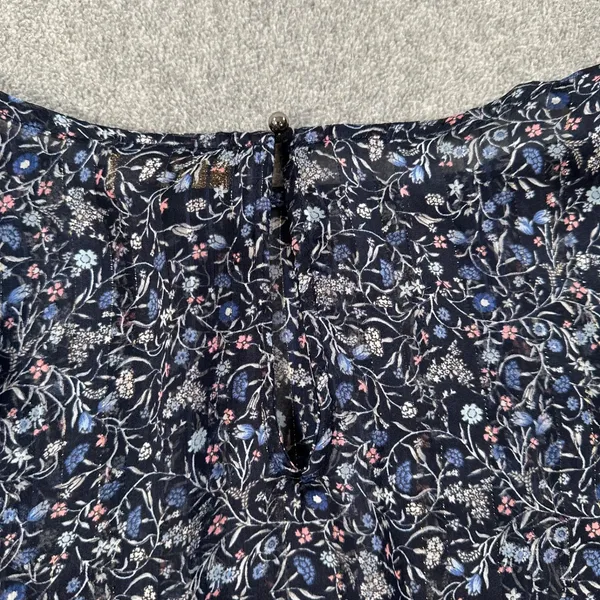 W5 Blue Floral Ruffle Shoulder Sheer Blouse Women's Medium 3/4 Sleeve Silver - Image 10