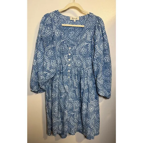Madewell Bubble-Sleeve Button Front Mini Dress in Indigo Paisley Sz. M - Image 4