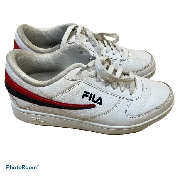 FILA Women’s White Retro Court Sneakers Size 9 Red Navy Stripe Leather Low Top - Image 5