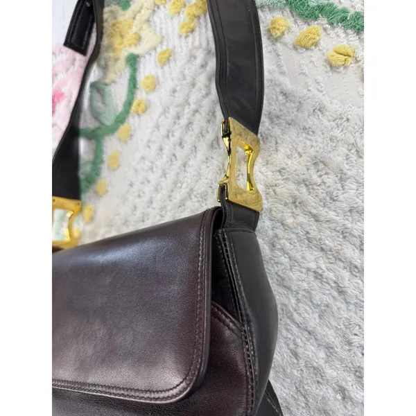 Vintage Dark Brown Leather Crossbody Bag Gold Hardware Flap‎ Snap Closure - Image 2