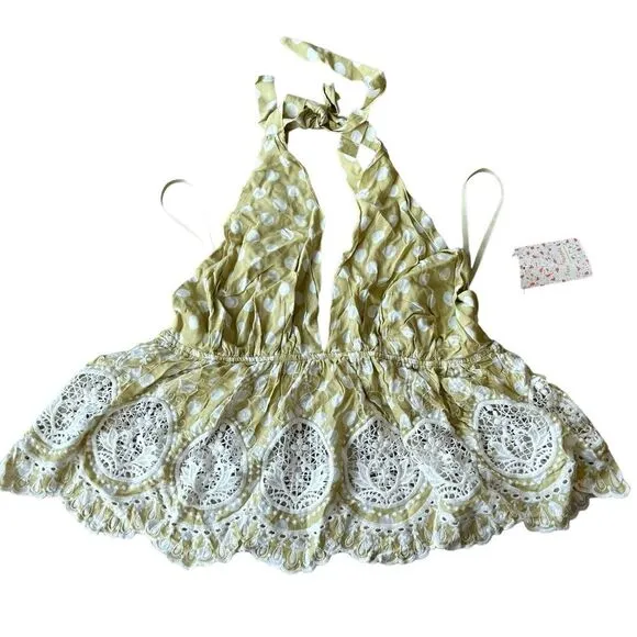 Free People M Lunch‎ Date Yellow Polka Dot Halter Top Citron Plunge Coquette New - Image 3