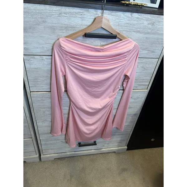 Edikted Pink Ruched Long Sleeve Mini Dress Boat Neck Bodycon Size M NWT - Image 5