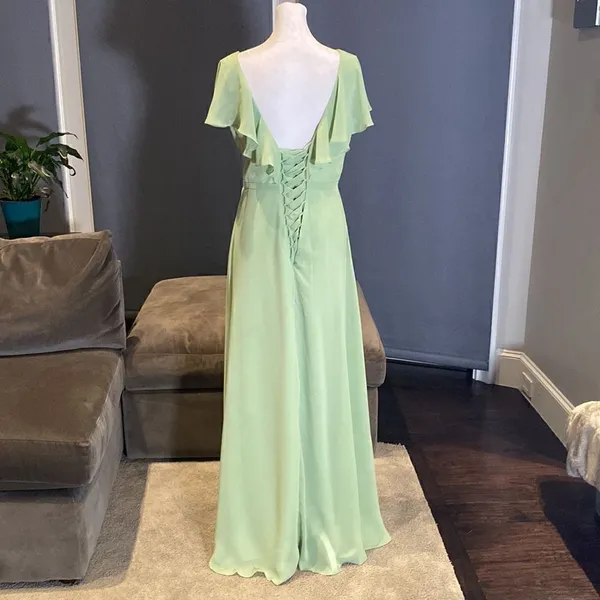 Women’s Full Length Green Chiffon Ruffle Dress Corset Back Leg Slit Size 12 - Image 5