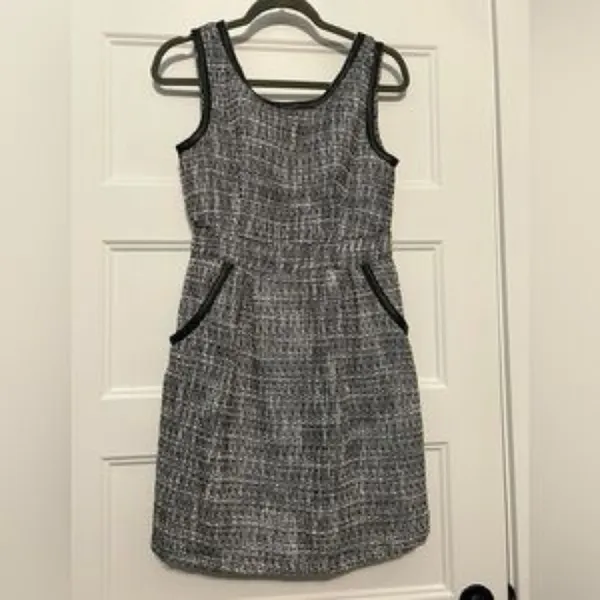 Anthropologie Tulle Black White Tweed Dress Size Medium Sleeveless Zip Pocket - Image 3